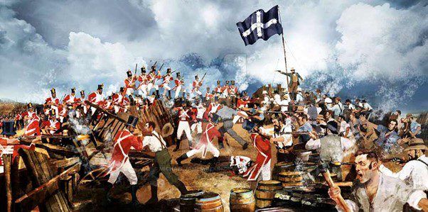 Historic battle scene with soldiers and flag. Historic battle scene with soldiers and flag.