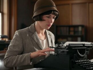 Woman in vintage attire using typewriter.