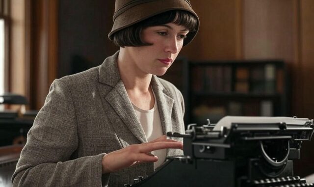 Woman in vintage attire using typewriter. Woman in vintage attire using typewriter.