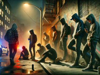 People in hoodies on dimly lit street.