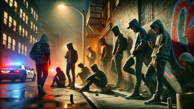 People in hoodies on dimly lit street.