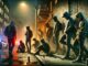 People in hoodies on dimly lit street.