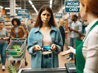 Woman holding card, confused in grocery store.