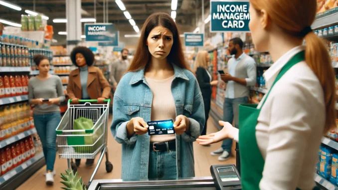 Woman holding card, confused in grocery store. Woman holding card, confused in grocery store.