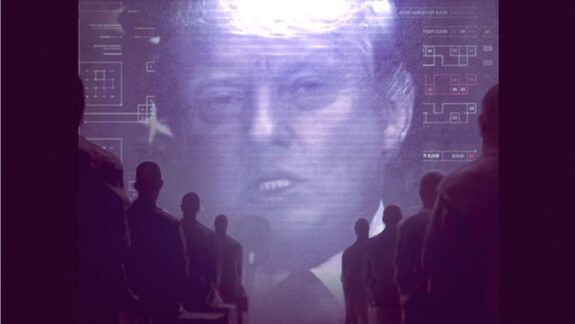 Silhouettes watching large screen with face.