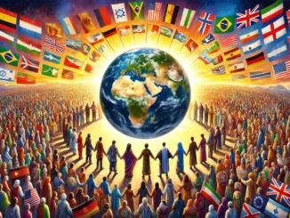 People united around Earth with flags.