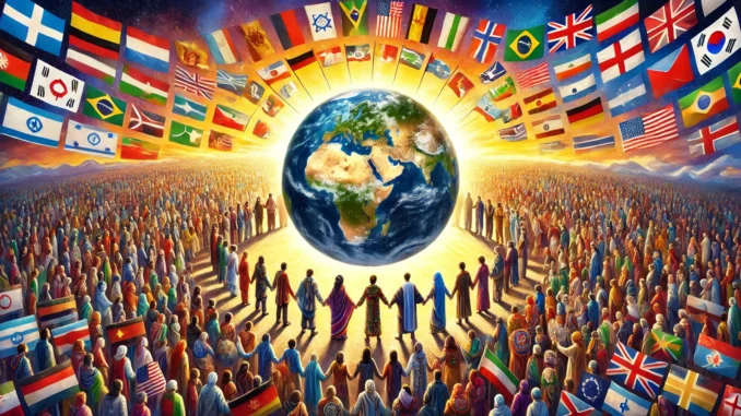 People united around Earth with flags.