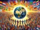 People united around Earth with flags.