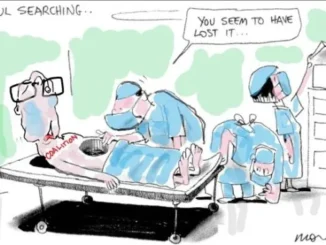 Cartoon of doctors examining patient labeled "Coalition.