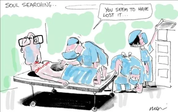 Cartoon of doctors examining patient labeled "Coalition.