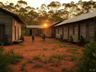 Sunset over rural cabins with people sitting.