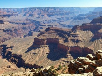 Grand Canyon view with layered rock formations.