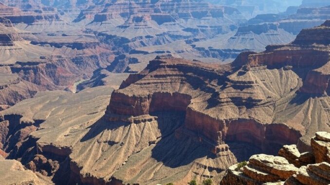 Grand Canyon view with layered rock formations.