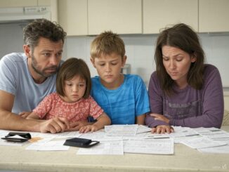 Family concerned over bills at kitchen table.