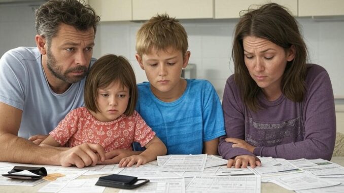 Family concerned over bills at kitchen table. Family concerned over bills at kitchen table.