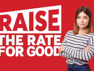 Woman beside "Raise the Rate for Good" text.