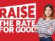 Woman beside "Raise the Rate for Good" text.