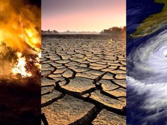 Wildfire, drought, and hurricane illustrating climate change.