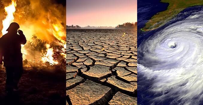 Wildfire, drought, and hurricane illustrating climate change.