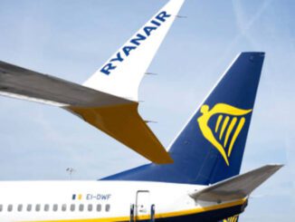 Ryanair airplane tail and logo in view.
