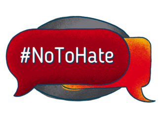 #NoToHate text in red speech bubble.