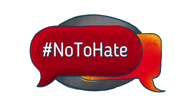 #NoToHate text in red speech bubble.