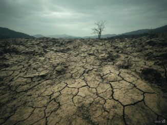 Parched landscape with cracked earth and tree.