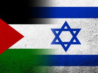 Palestinian and Israeli flags side by side.