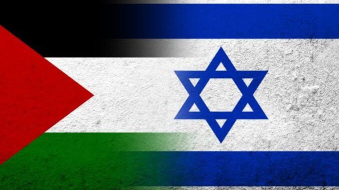 Palestinian and Israeli flags side by side. Palestinian and Israeli flags side by side.
