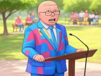 Man in colorful suit speaking at podium.