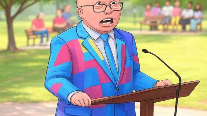 Man in colorful suit speaking at podium.