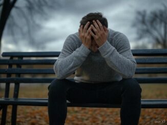 Man sitting on bench, holding head.