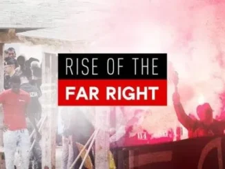 Red smoke demonstration contrasted with migrants