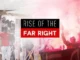 Red smoke demonstration contrasted with migrants