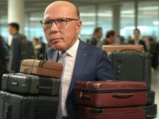 Man surrounded by multiple suitcases at airport.