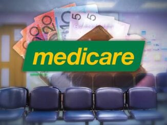Medicare sign, money, and empty waiting room.