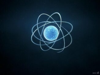 Atom model with orbiting electrons on dark background.
