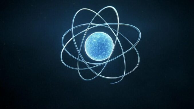 Atom model with orbiting electrons on dark background.