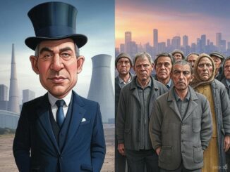 Cartoon of businessman and workers in city.
