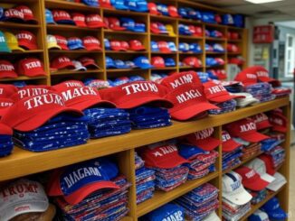 Red and blue hats on store shelves.
