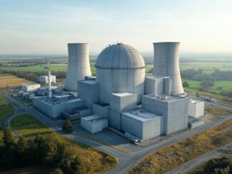 Nuclear power plant with cooling towers.