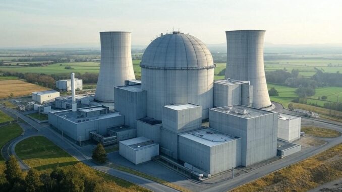 Nuclear power plant with cooling towers. Nuclear power plant with cooling towers.