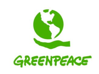 Greenpeace logo with Earth and hand illustration.