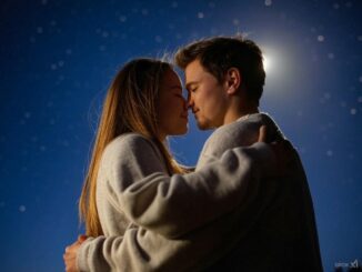 Couple embracing under starry night sky.