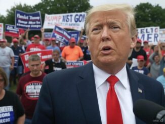 Man speaking at a rally with crowd.