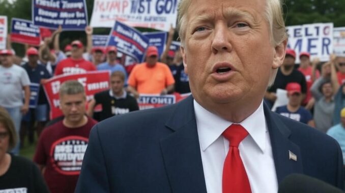 Man speaking at a rally with crowd.