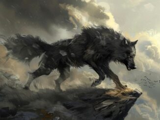 Wolf standing on a rocky cliff edge.