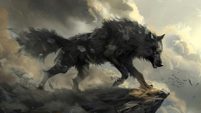 Wolf standing on a rocky cliff edge. Wolf standing on a rocky cliff edge.