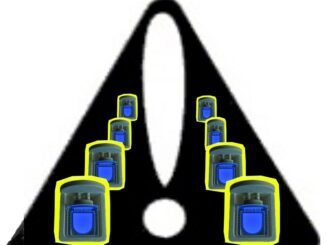 Exclamation mark with blue and yellow objects.