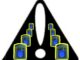 Exclamation mark with blue and yellow objects.